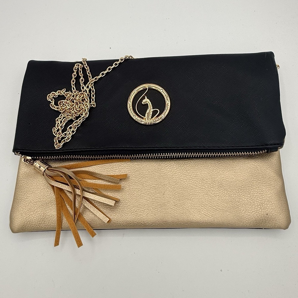 Baby Phat Foldover Crossbody Clutch Purse Black Gold Chain Cat Logo 8x11